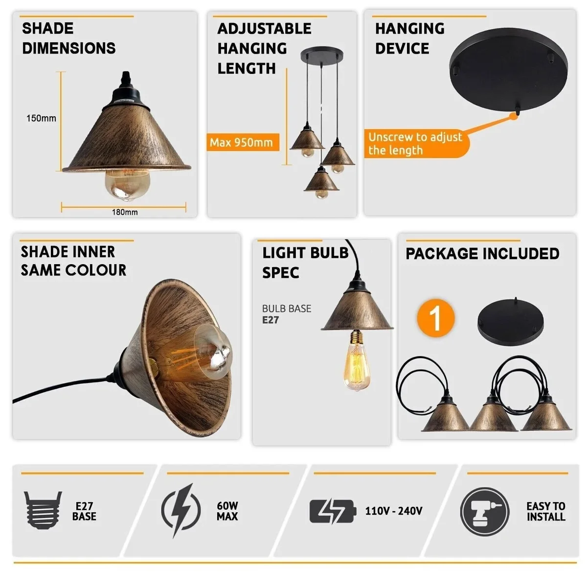Three brushed copper lampshades with black holders hanging from adjustable black cables on a white background