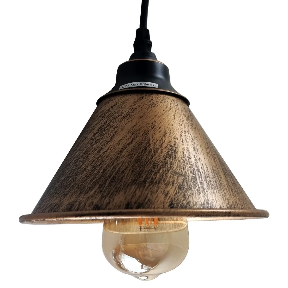 Three brushed copper dome shades with black holders hanging from adjustable pendant lighting cords against white background