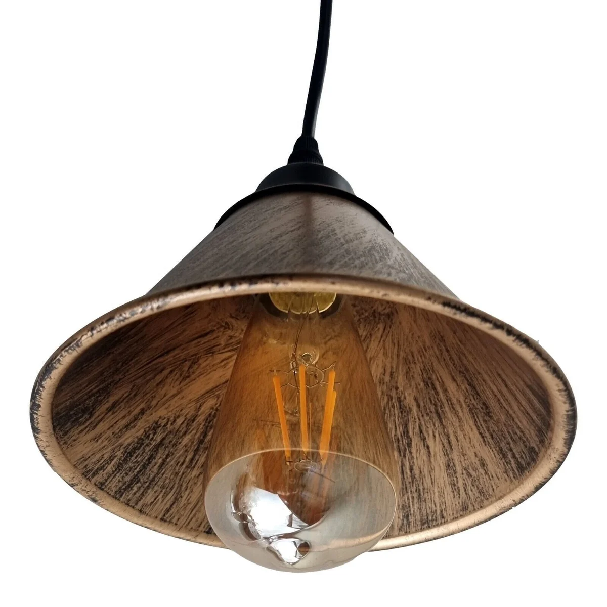 Three brushed copper dome E27 pendant light shades with black holders and adjustable 95cm cords hanging in a row