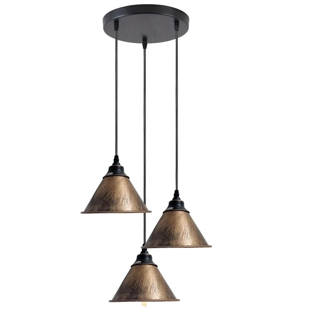 Three brushed copper industrial pendant light shades with black holders hanging from adjustable cables against a white background