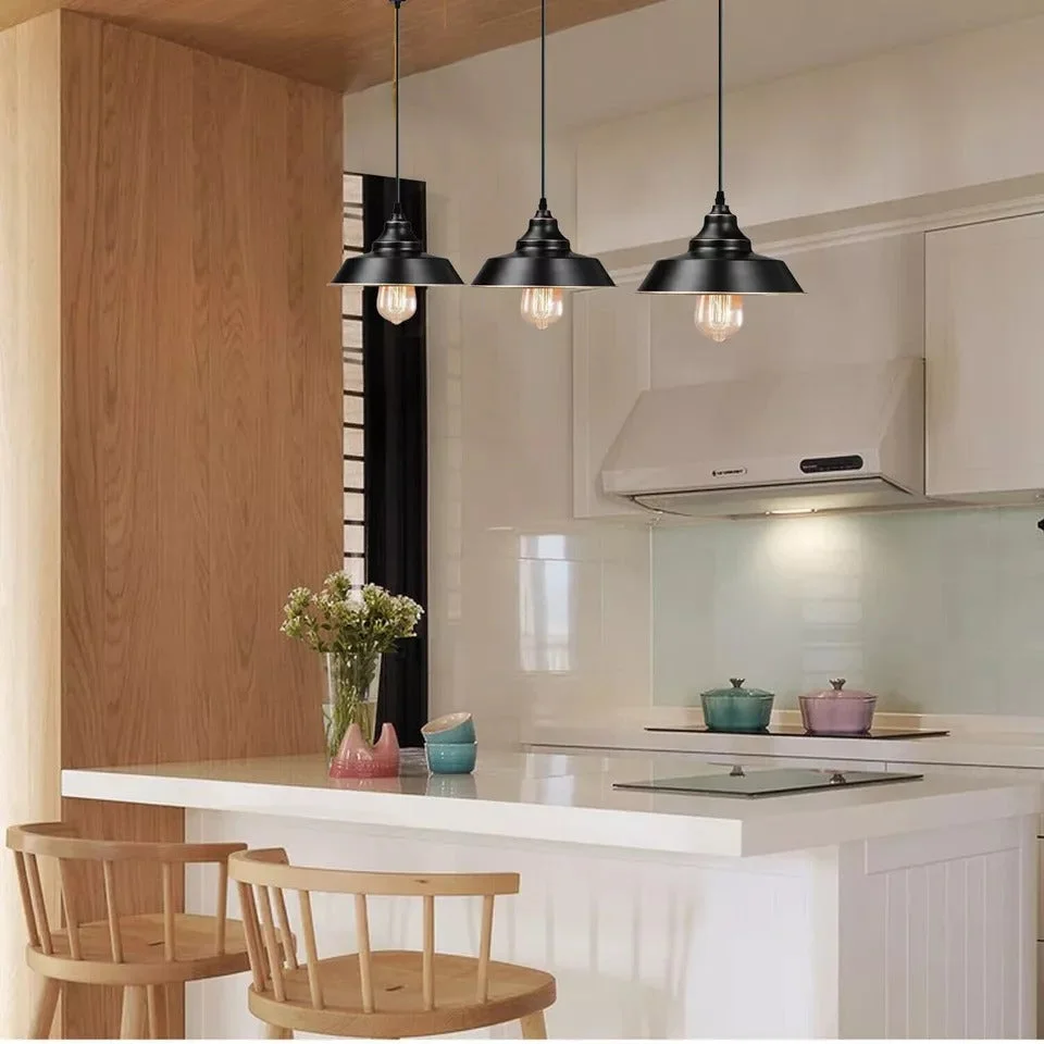 Vintage industrial pendant light with metal shade and PVC cable, single head fixture mounted from ceiling