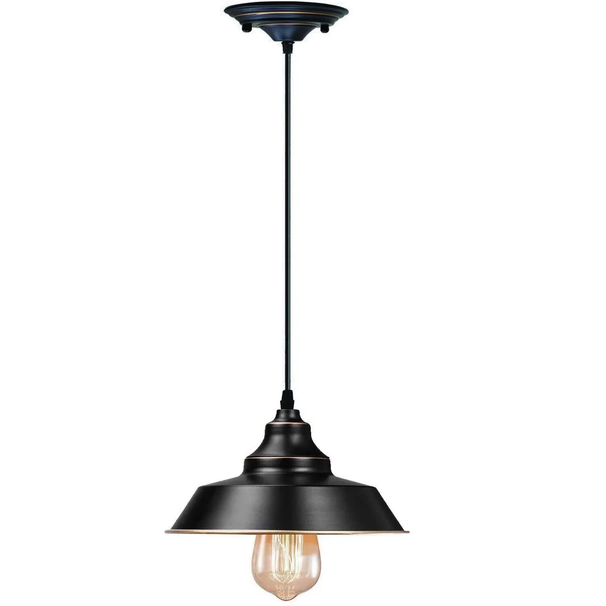 Vintage ceiling pendant light with single head, metal shade, PVC cable, hanging from ceiling, simple design.