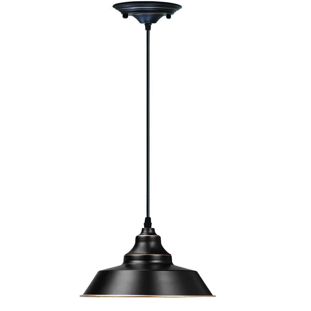 Vintage metal hanging lamp with single head, smooth metal shade, hanging from ceiling, suitable for indoor use