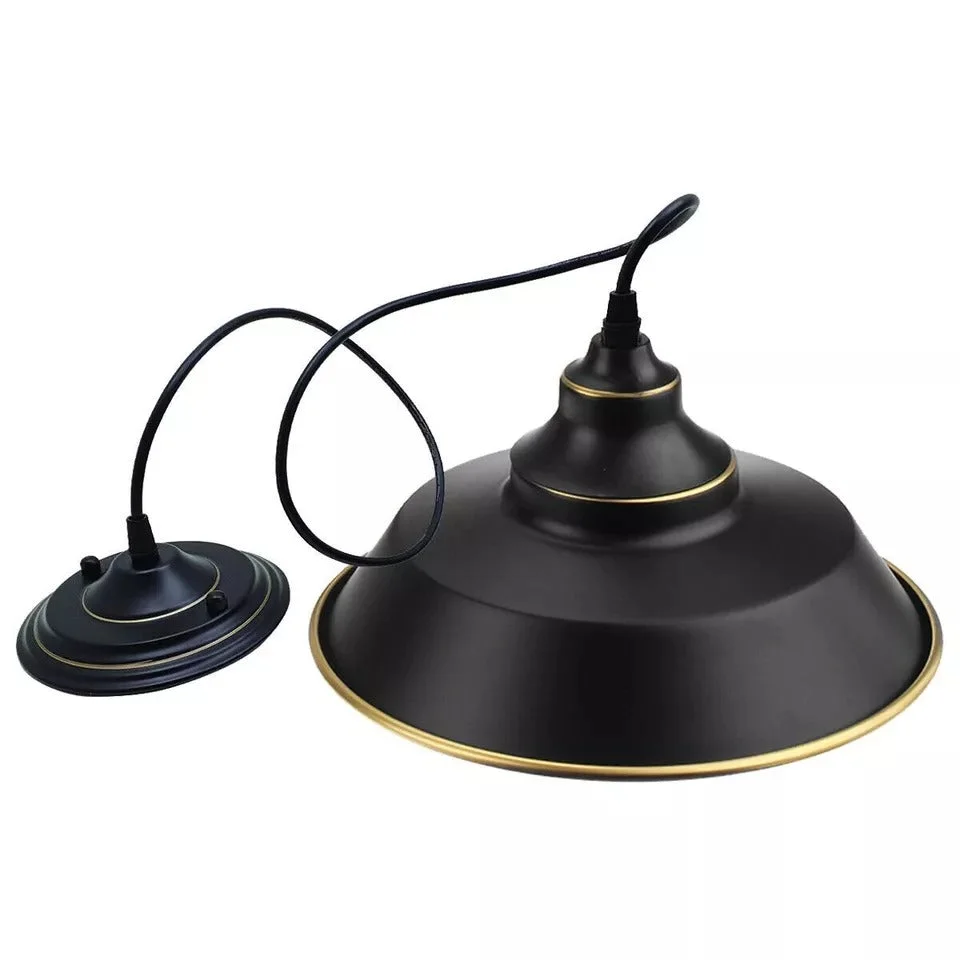 Adjustable pendant light with vintage metal single head shade, dark metal body hanging from ceiling