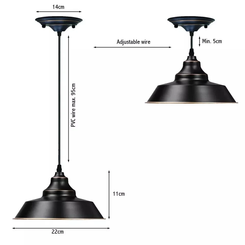 Single‑head vintage metal pendant lamp with durable shade, E27 compatible, hanging on a 95 cm PVC cable.