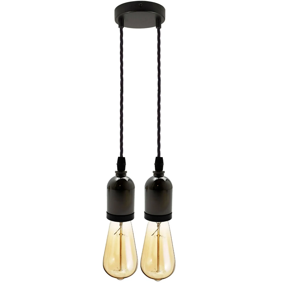 Vintage cluster ceiling light with five E27 bulbs, gold twisted fabric flex, and metal ceiling rose, industrial style fixture