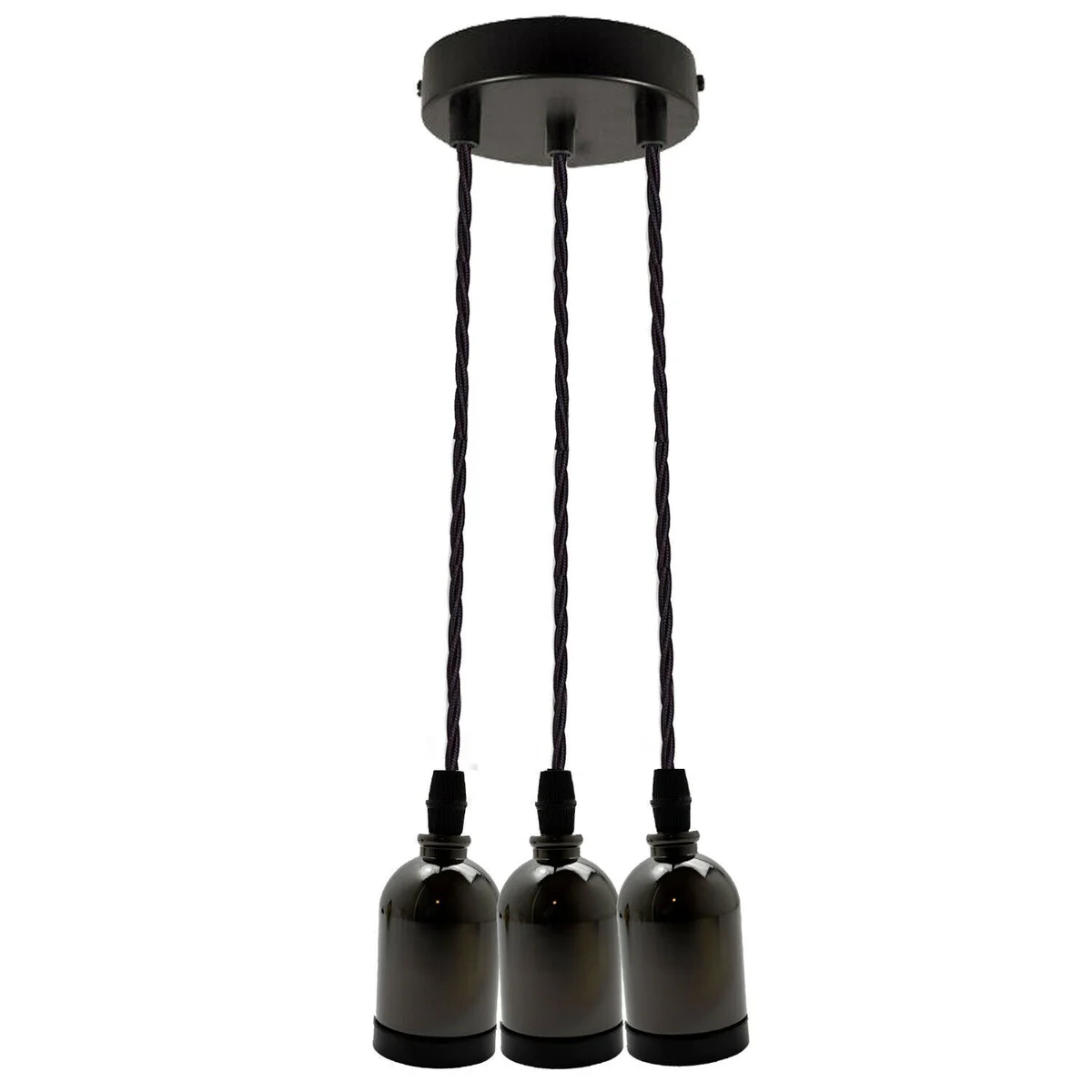 E27 cluster pendant light with five metal holders and gold twisted fabric flex hanging from ceiling rose