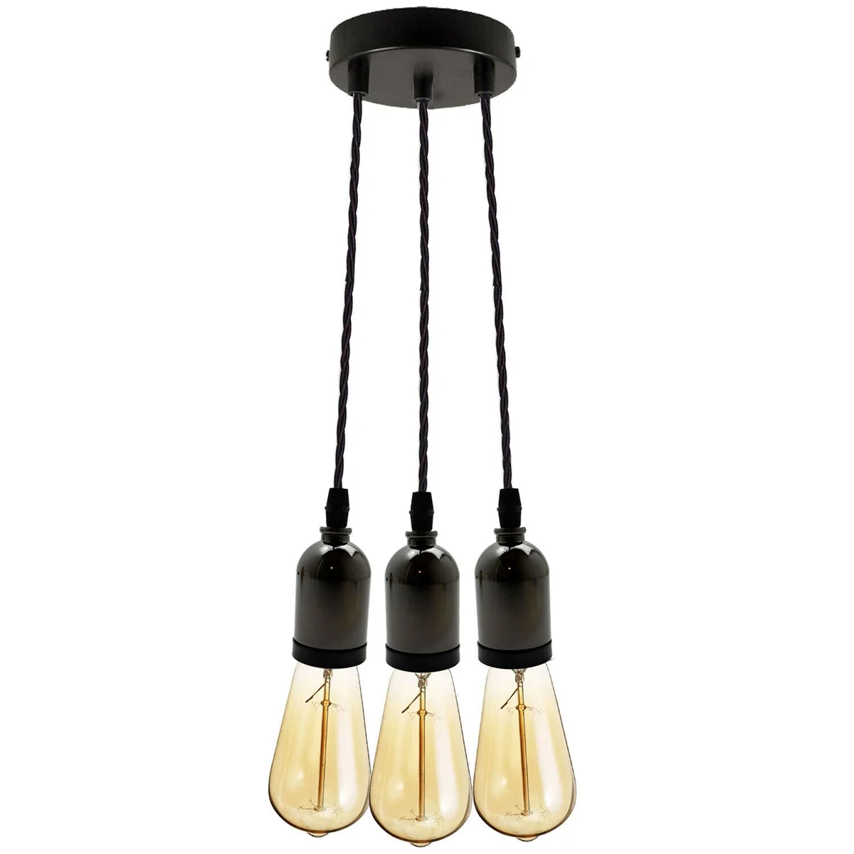 E27 cluster pendant light with five metal holders and gold twisted fabric flex hanging from ceiling rose