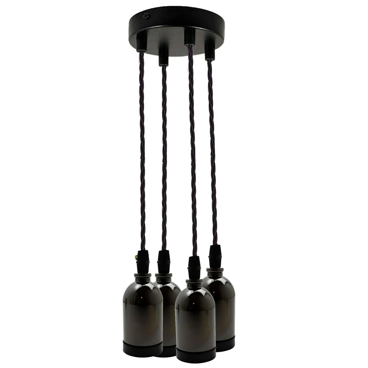 E27 cluster pendant light with five metal holders and gold twisted fabric flex hanging from ceiling rose