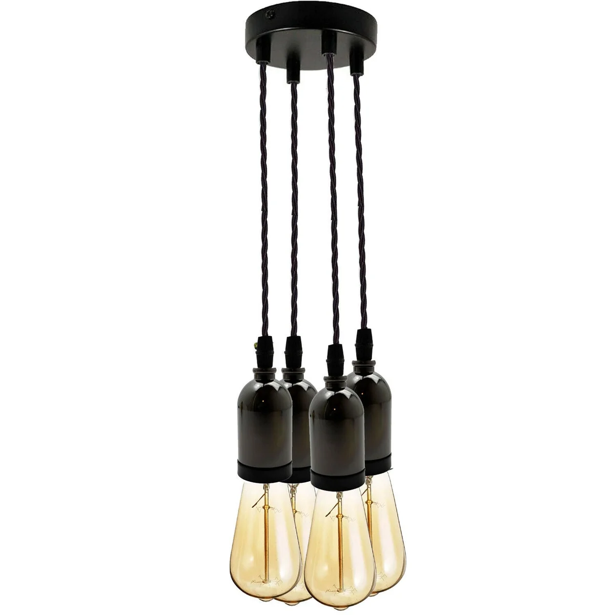 E27 cluster pendant light with five metal holders and gold twisted fabric flex hanging from ceiling rose