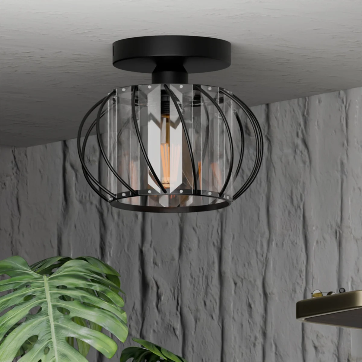 Modern ceiling light with black metal spiral frame and crystal decorations, semi-flush mount design, 16cm wide.