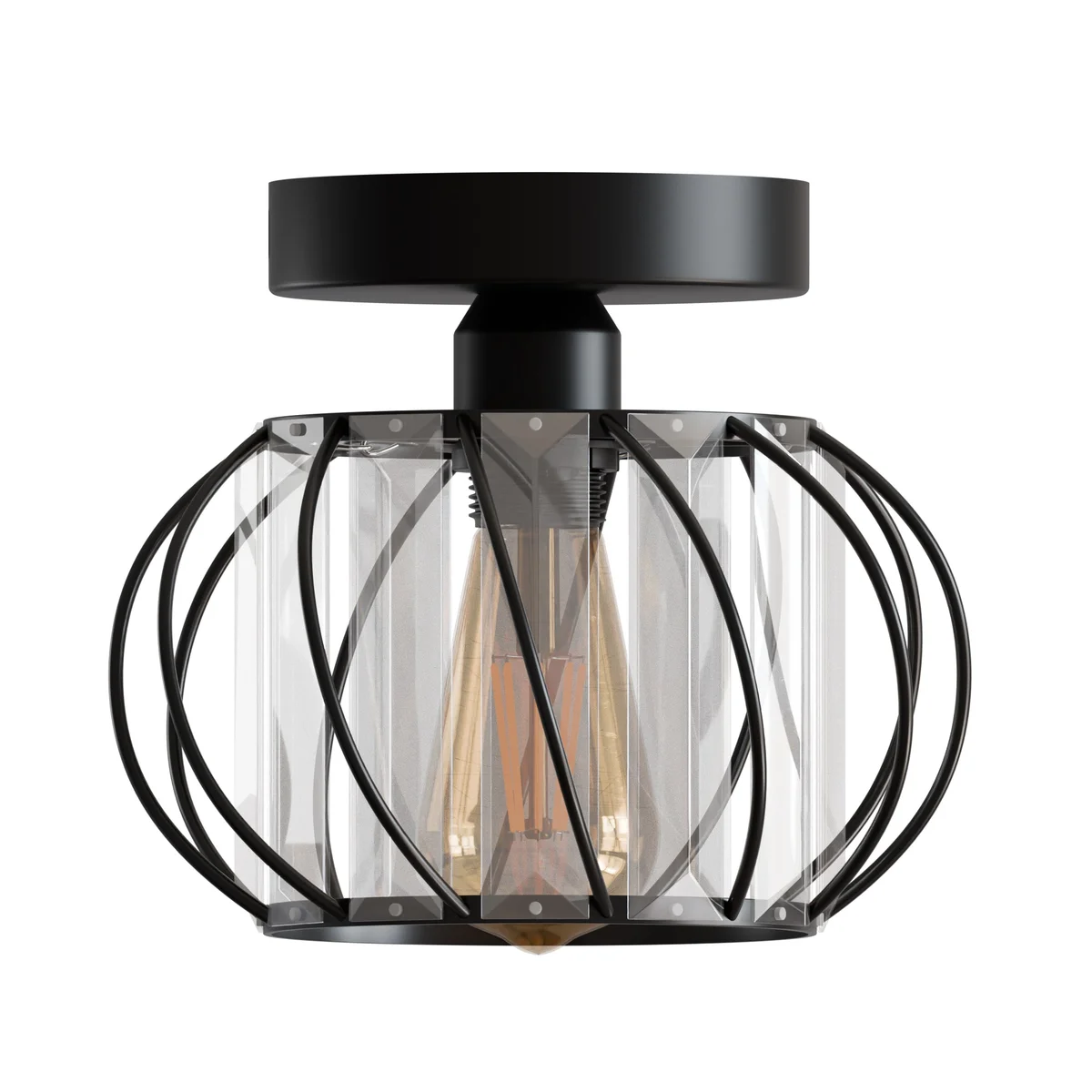 Modern black and white semi flush mount light with crystal decorations and spiral metal frame, suitable for indoor use