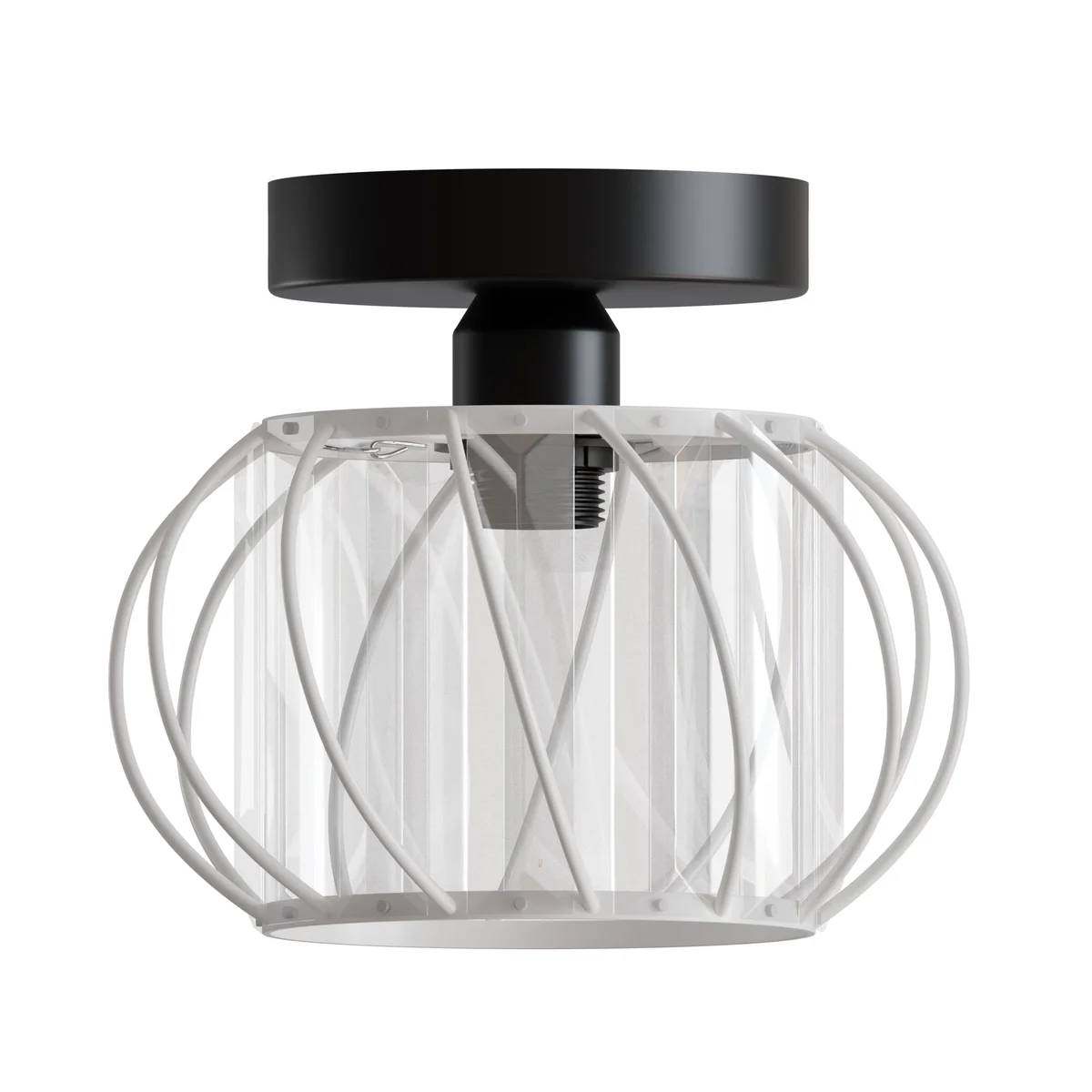 Modern black metal and crystal ceiling light with spiral frame and single E27 bulb, semi-flush mount design, 16cm wide