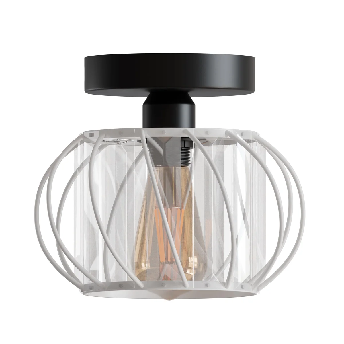 Modern metal ceiling lamp with crystal decoration, spiral frame, black and white finish, semi-flush mount design
