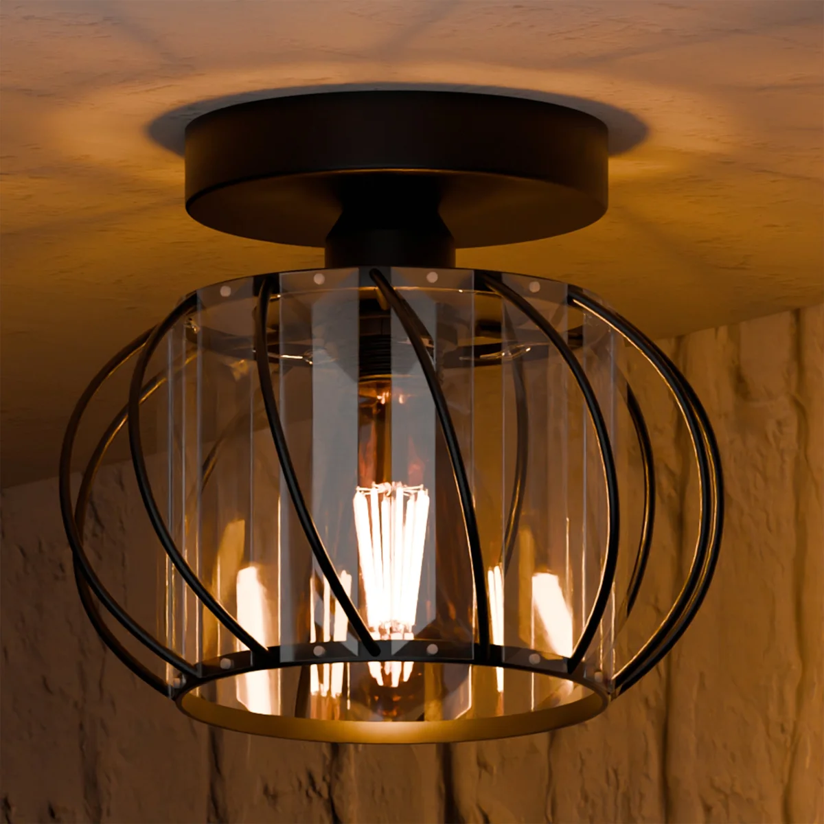 Modern indoor ceiling light with black metal spiral frame and crystal accents, semi-flush mount design, 16cm wide