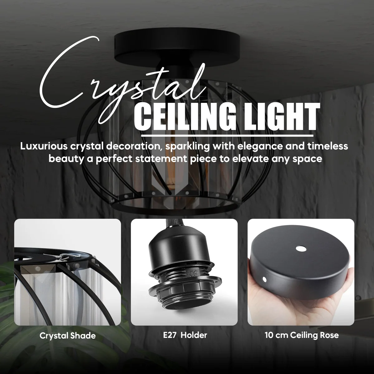 Modern industrial metal and crystal E27 bulb ceiling light with spiral frame and flush mount design in black and white