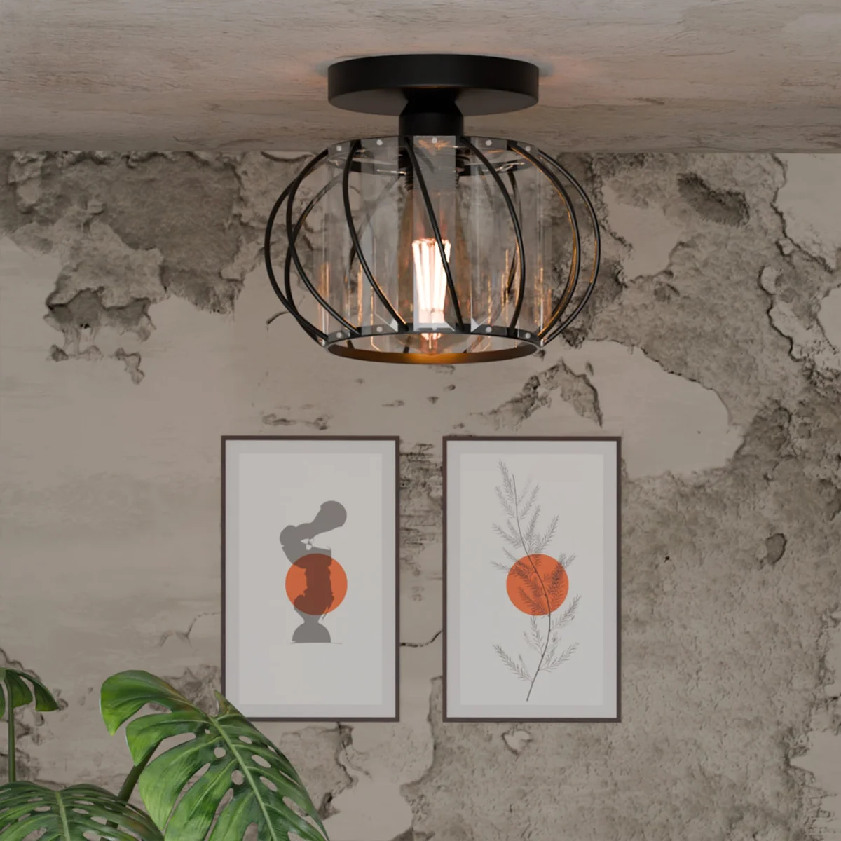 Black and white modern ceiling light with crystal decorations and spiral metal frame flush mounted on ceiling