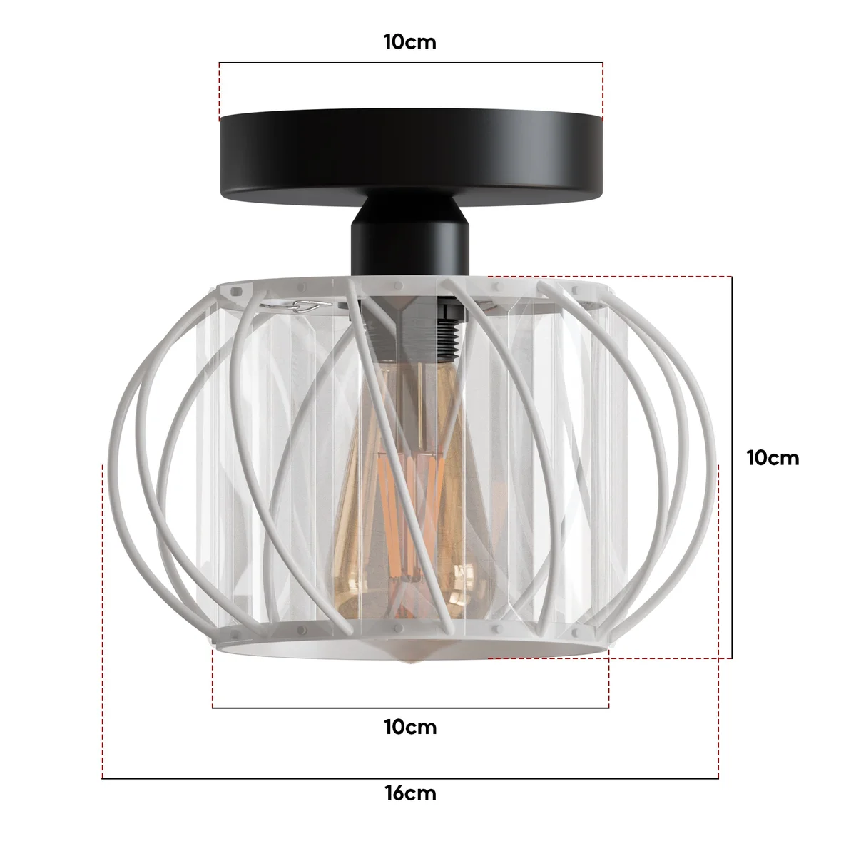 Modern ceiling light with black metal spiral frame and crystal decoration, semi-flush mount, 16cm wide, 10cm high
