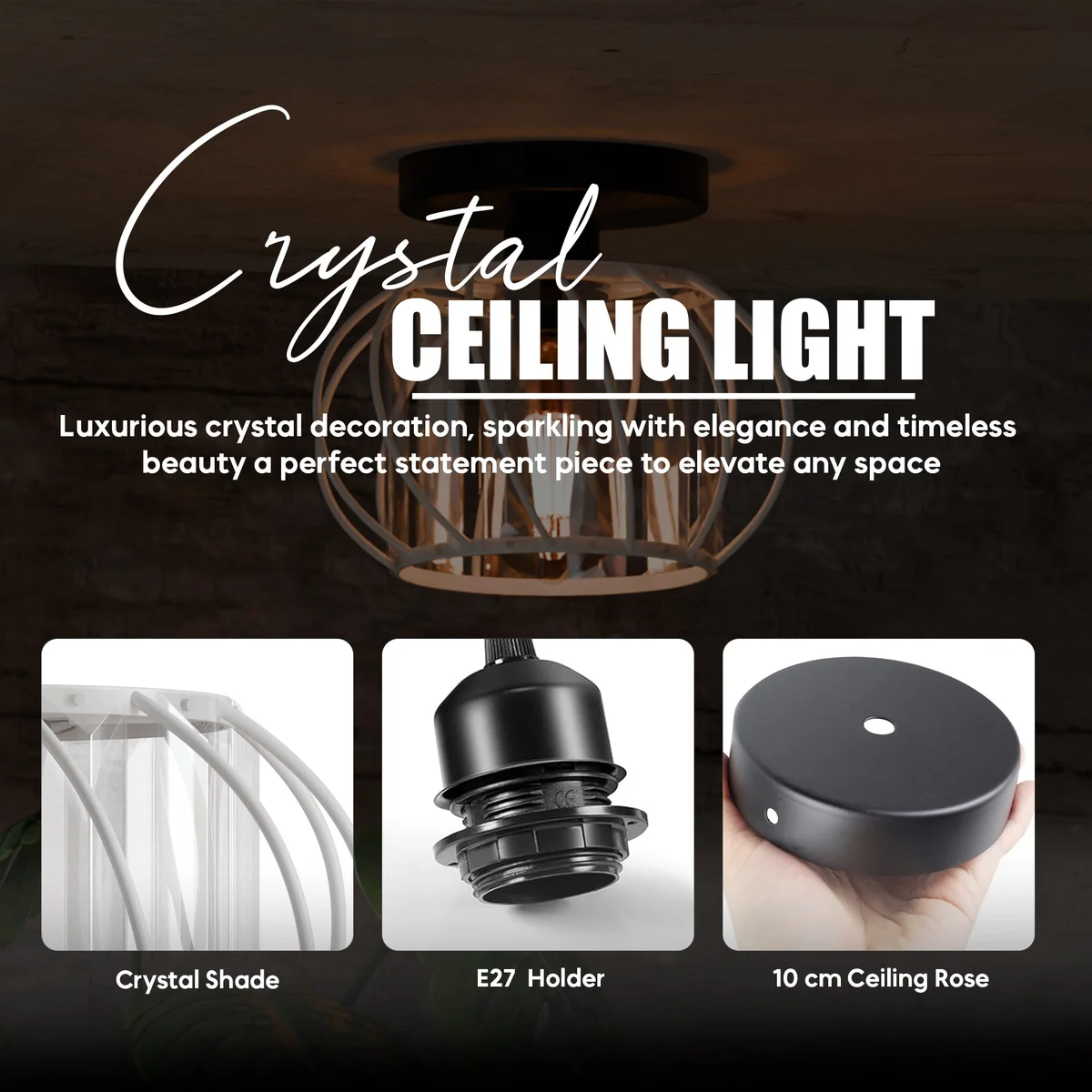 Modern ceiling light with black metal spiral frame and crystal decorations, semi-flush mount design, 16cm width.