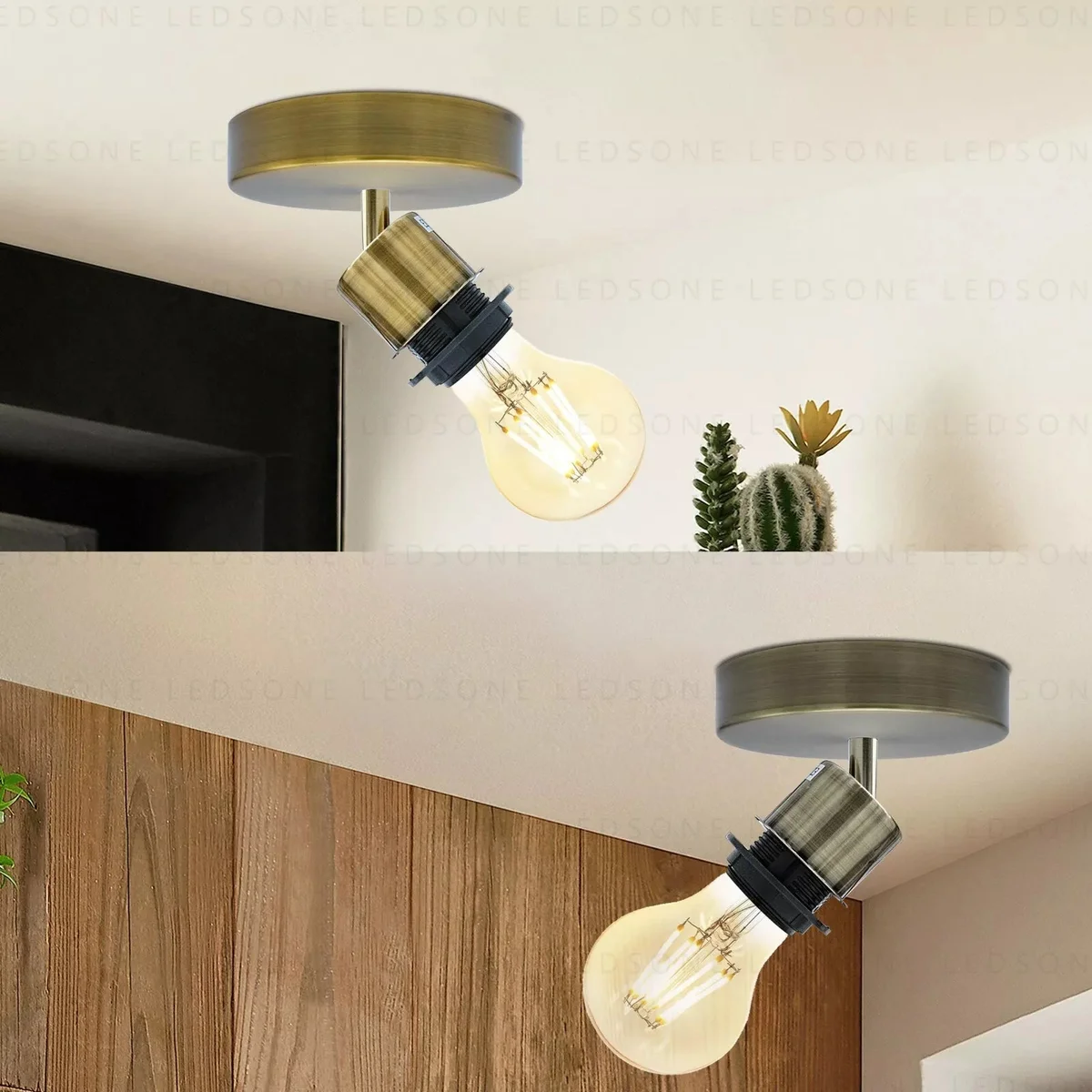 Vintage-style adjustable ceiling light with metal finish, single E27 bulb, flush mount for indoor use