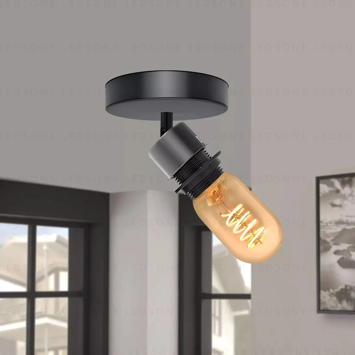 Retro adjustable ceiling lamp with black metal finish and multi-directional 180-degree rotatable arm flush mount design