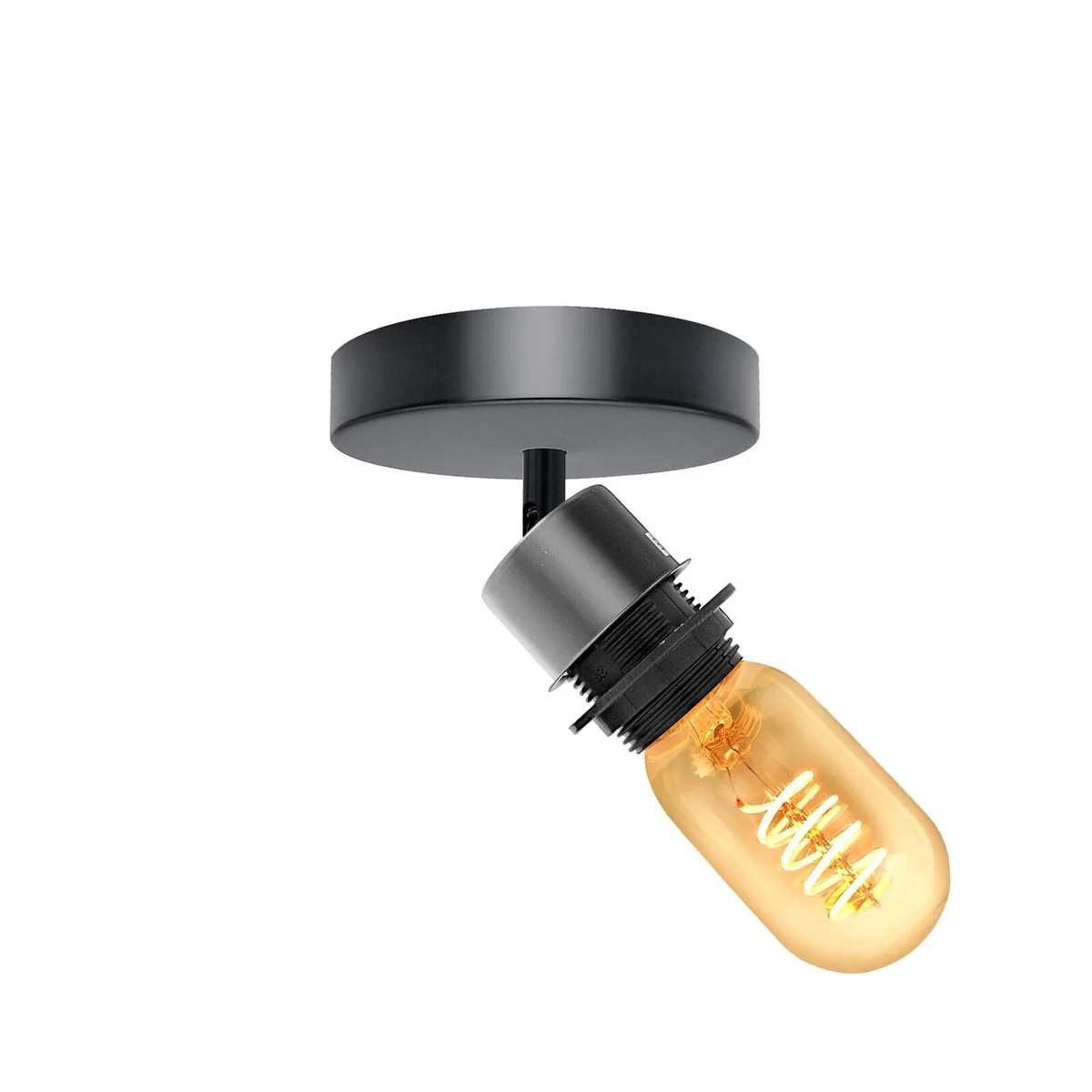Adjustable retro LED E27 bulb ceiling fixture with black metal finish and 180-degree rotatable arm mounted on white ceiling