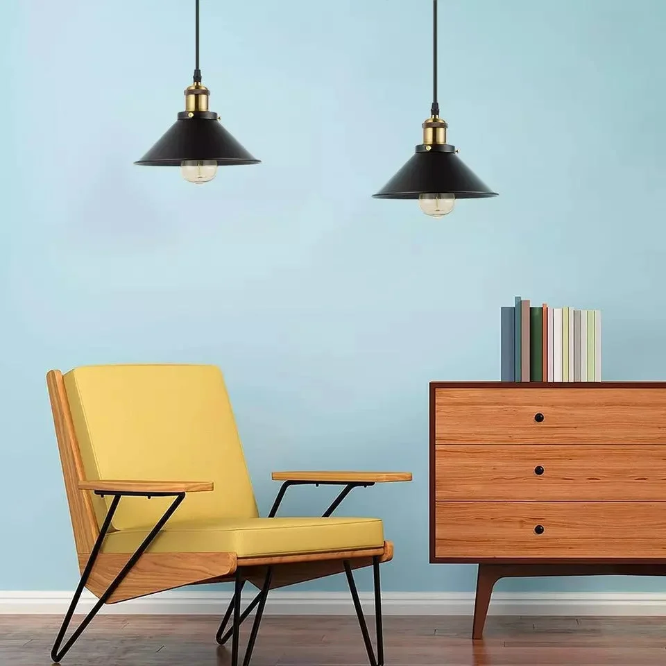 Modern black metal ceiling pendant light with adjustable arm and E27 bulb pendant lamp fitting visible against white background