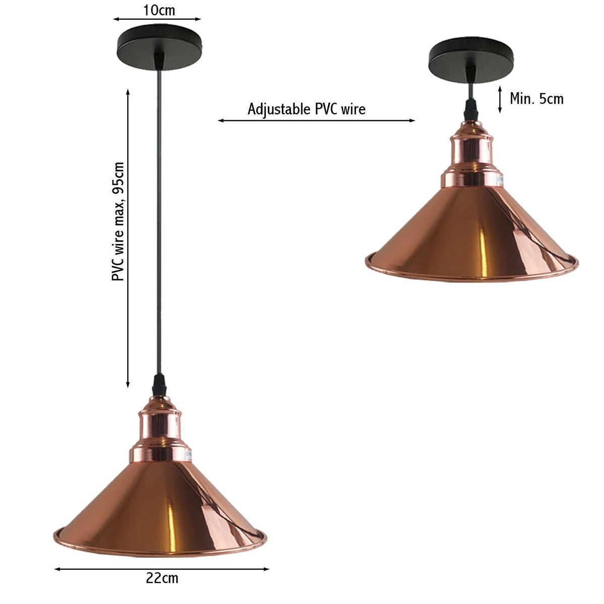 Refurbished industrial metal ceiling pendant light with cone shade, modern style, hardwired, single E27 bulb fitting