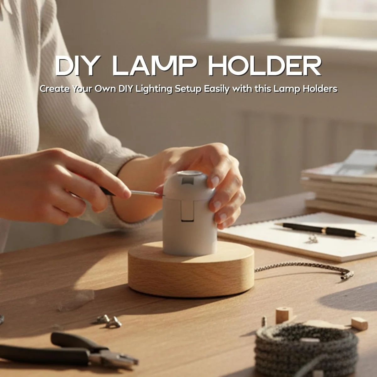 White E27 bakelite lamp holder with vintage style socket, compatible with Edison filament bulbs and fabric cables