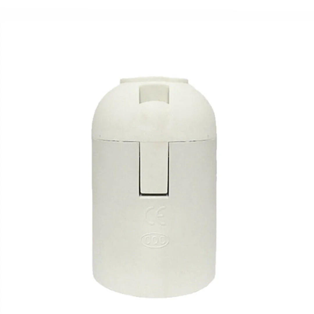 E27 bakelite lamp holder in white with vintage style, compatible with Edison bulbs and fabric cables, shown installed