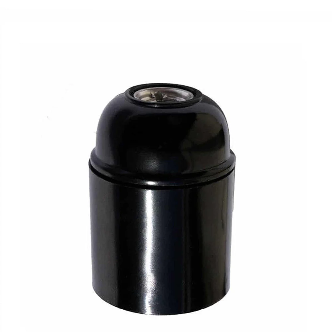 Black Bakelite lamp holder, screw‑on E27 connector, vintage bulb exposed