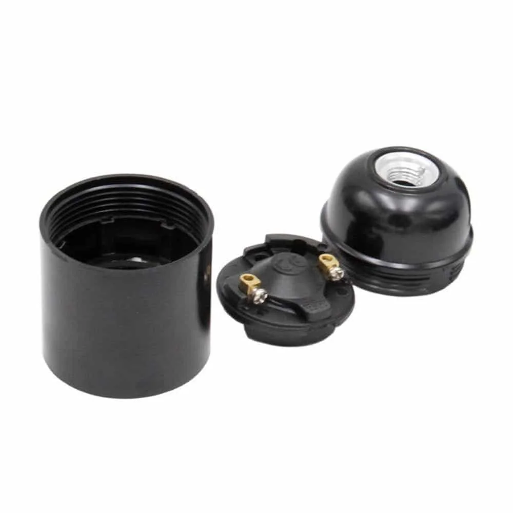 Black Bakelite E27 screw lamp holder for vintage bulbs, socket ready for exposed bulb lighting.