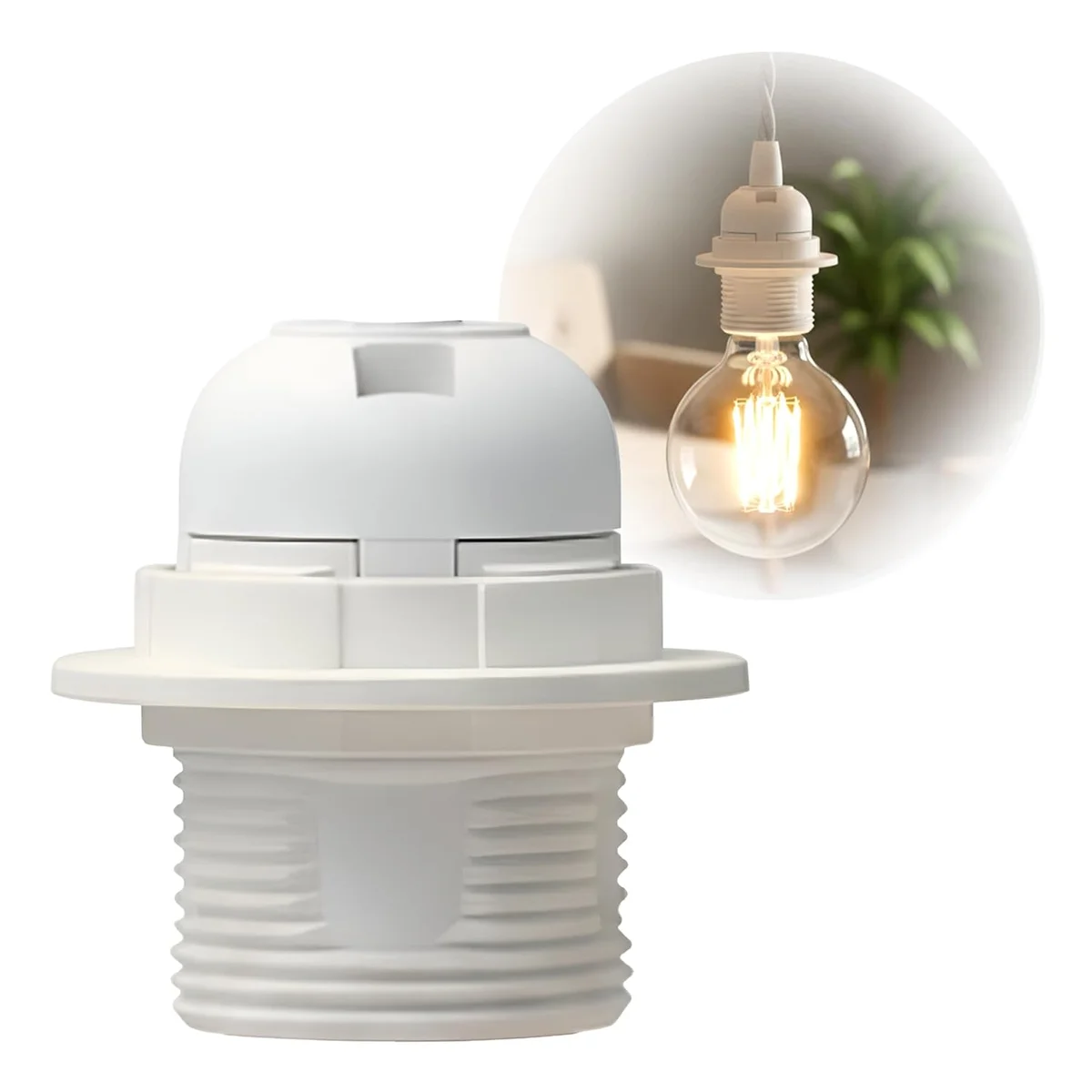 White E27 light bulb holder with metal base and heat-resistant plastic, featuring screw mounting thread and lampshade collar