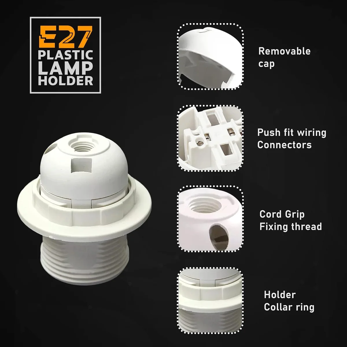 White indoor lamp holder with E27 screw socket, metal and heat-resistant plastic, 58mm size, vintage style