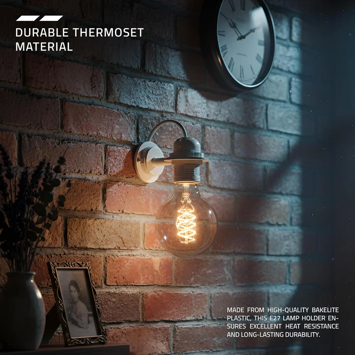 White E27 light fitting screw lamp holder base with metal and heat-resistant plastic components, vintage style