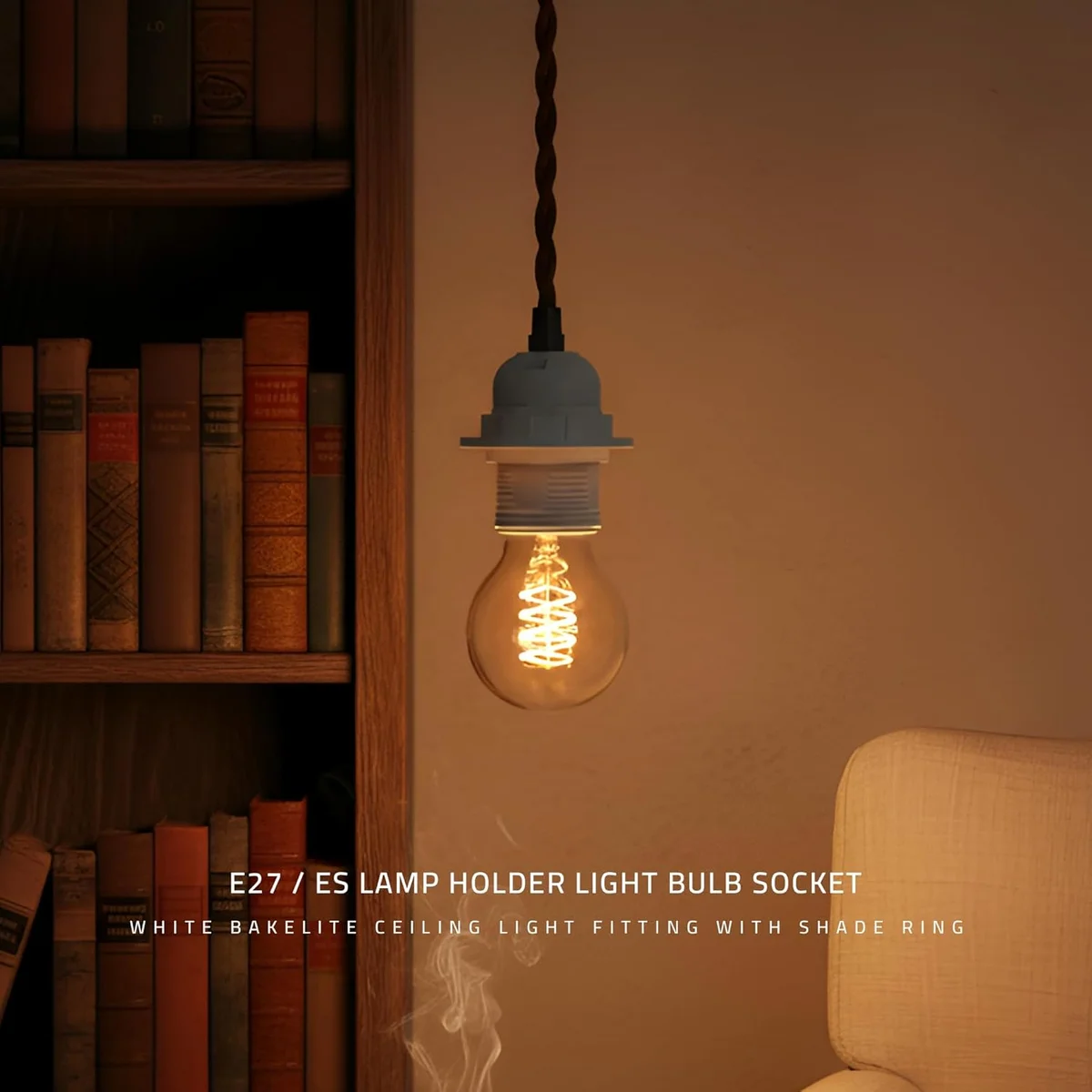 White E27 light bulb holder pendant socket made of metal and heat-resistant plastic with screw mounting thread