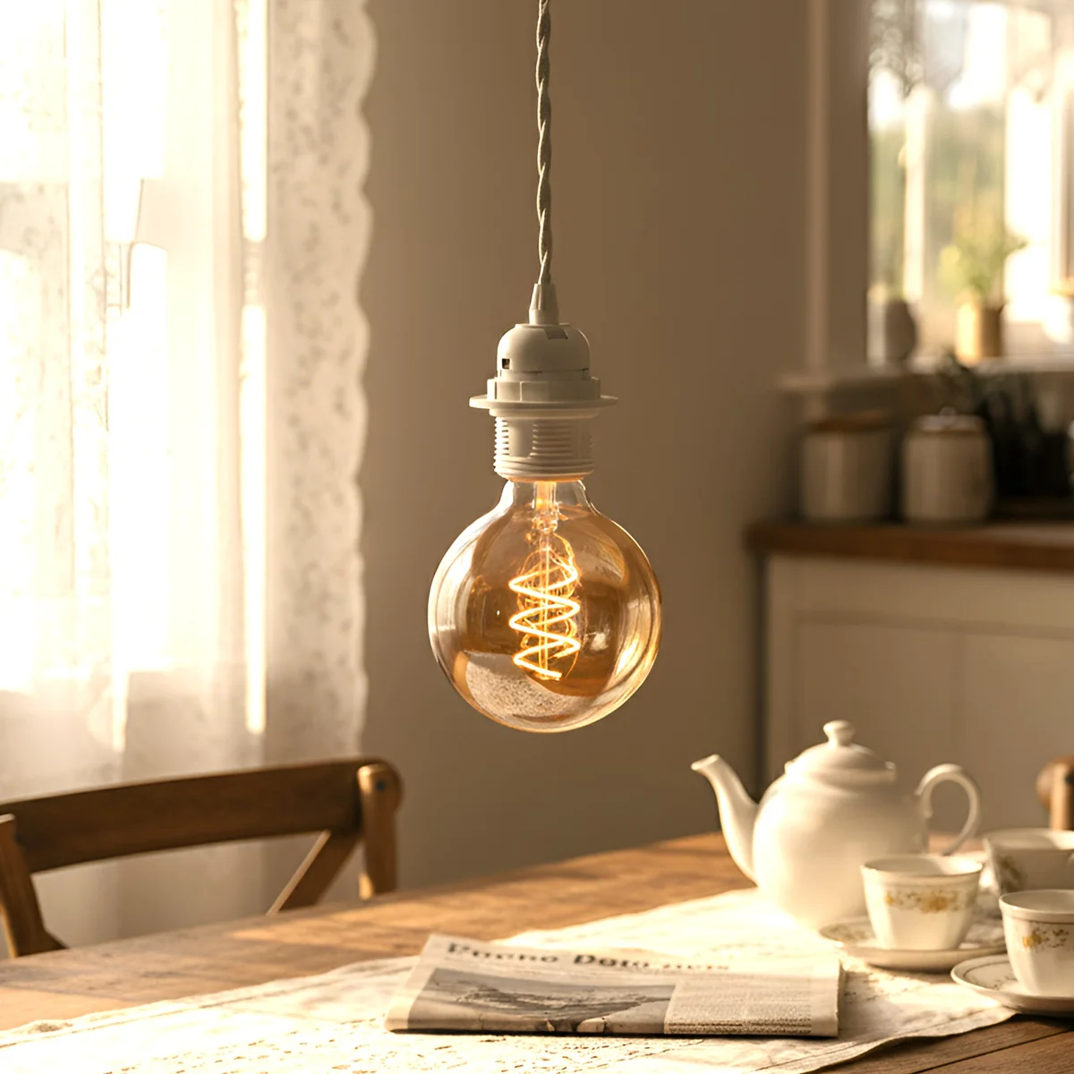 White E27 light bulb holder with metal base and heat-resistant plastic, featuring removable lampshade collar and screw mount