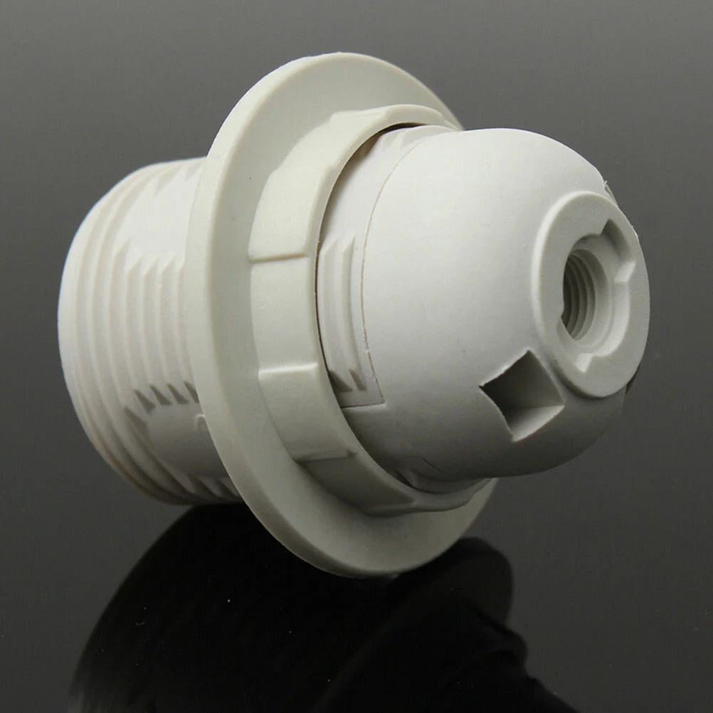 White E27 light bulb holder with metal base and heat-resistant plastic socket, 58mm square with screw mounting thread
