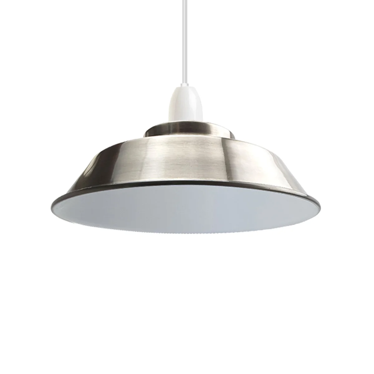 Retro metal indoor ceiling light shade in silver with easy fit design, 22cm diameter, shown hanging indoors