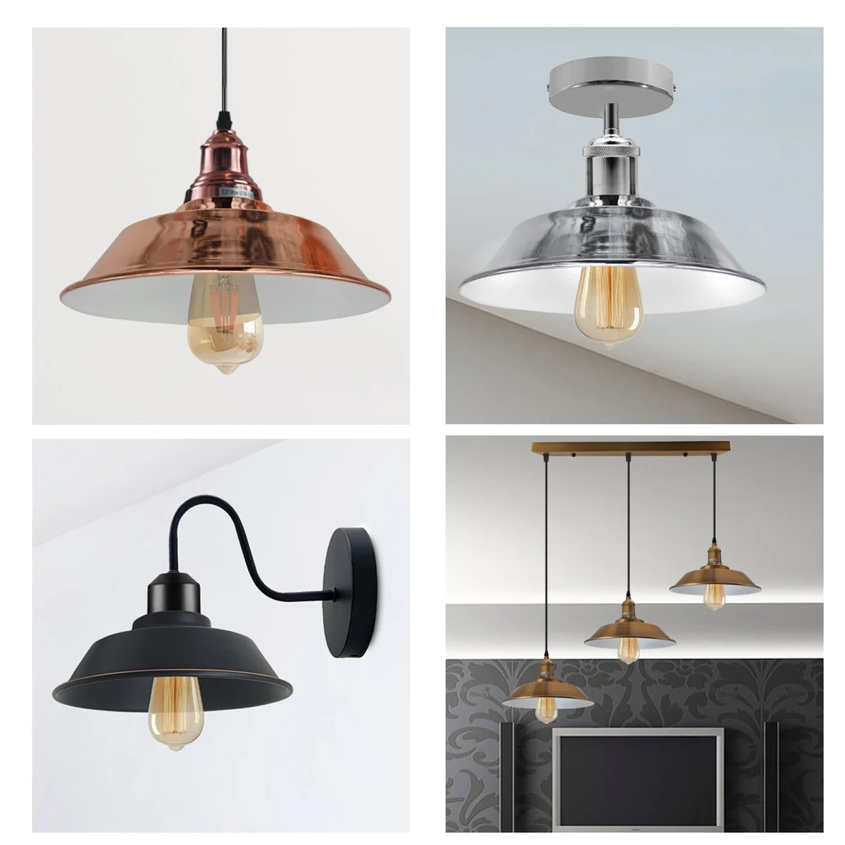 Retro style metal ceiling lamp shade in silver finish with easy fit design, 22cm diameter, shown hanging indoors
