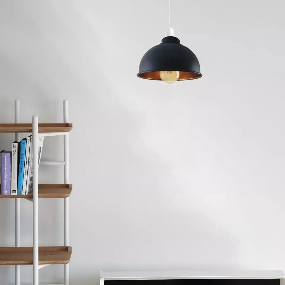Vintage black metal ceiling light shade with curvy retro design, easy fit, 21cm wide, refurbished lampshade