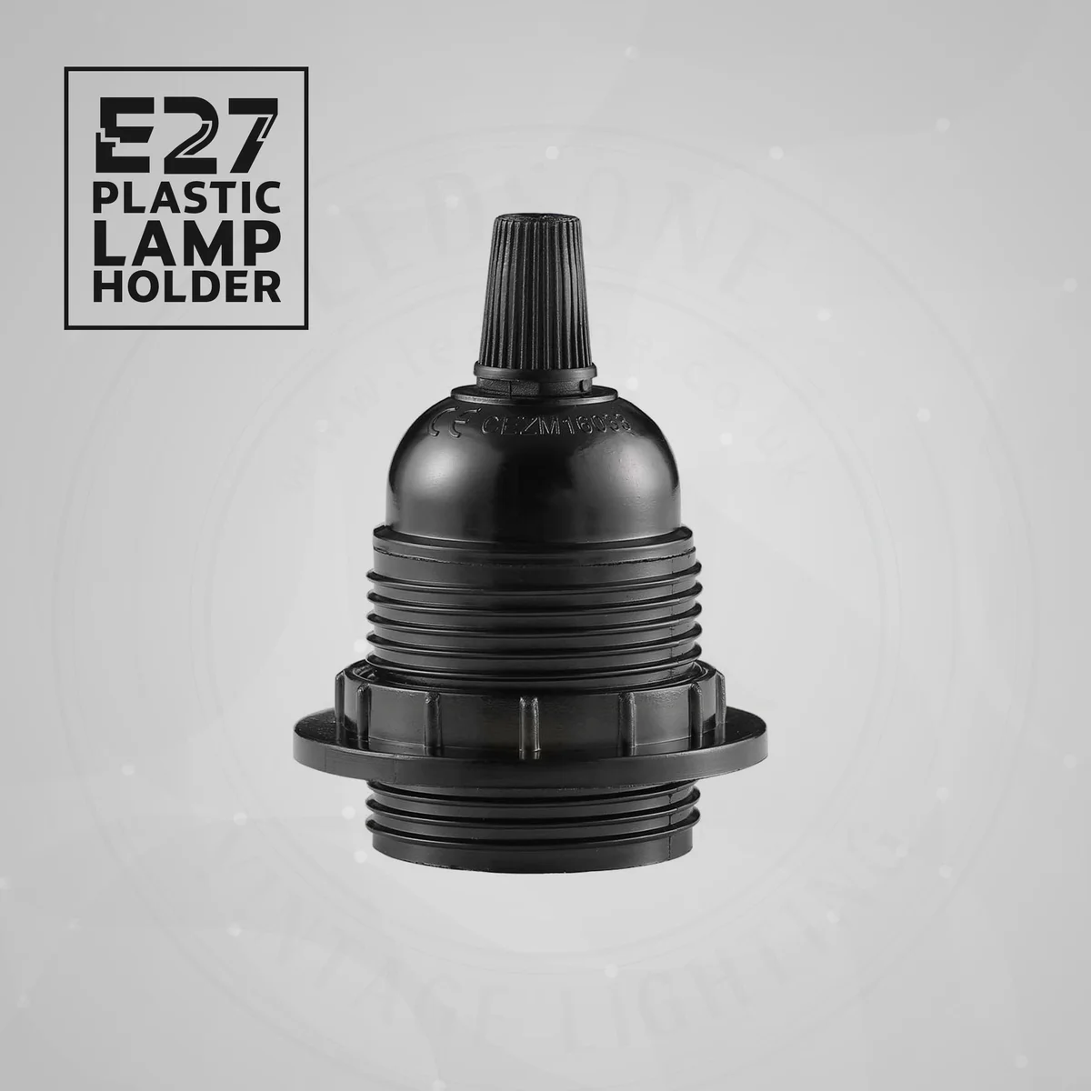 Black Bakelite E27 lamp holder with threaded body, metal parts, and screw-terminal wiring connection, vintage style