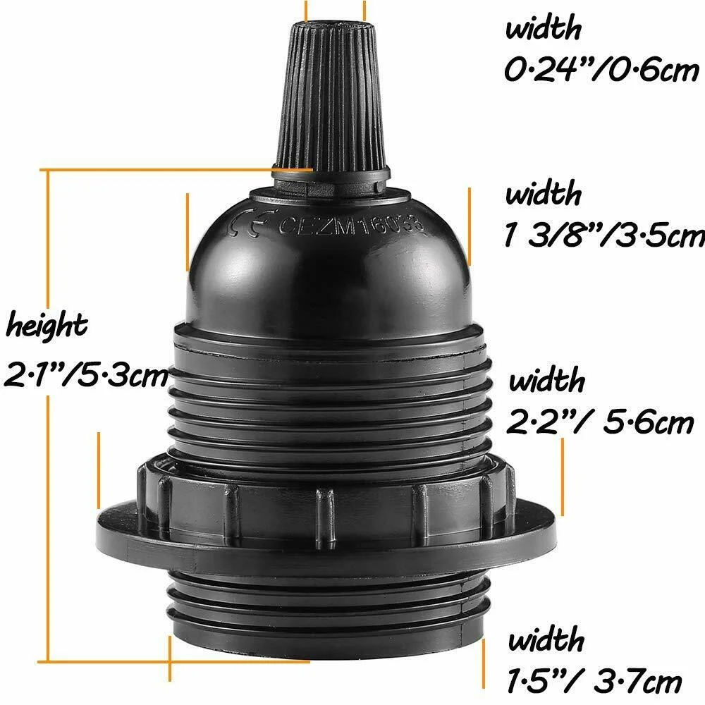 Black bakelite lamp holder with E27 threaded metal and plastic body, heat-resistant, vintage industrial style, no shade ring