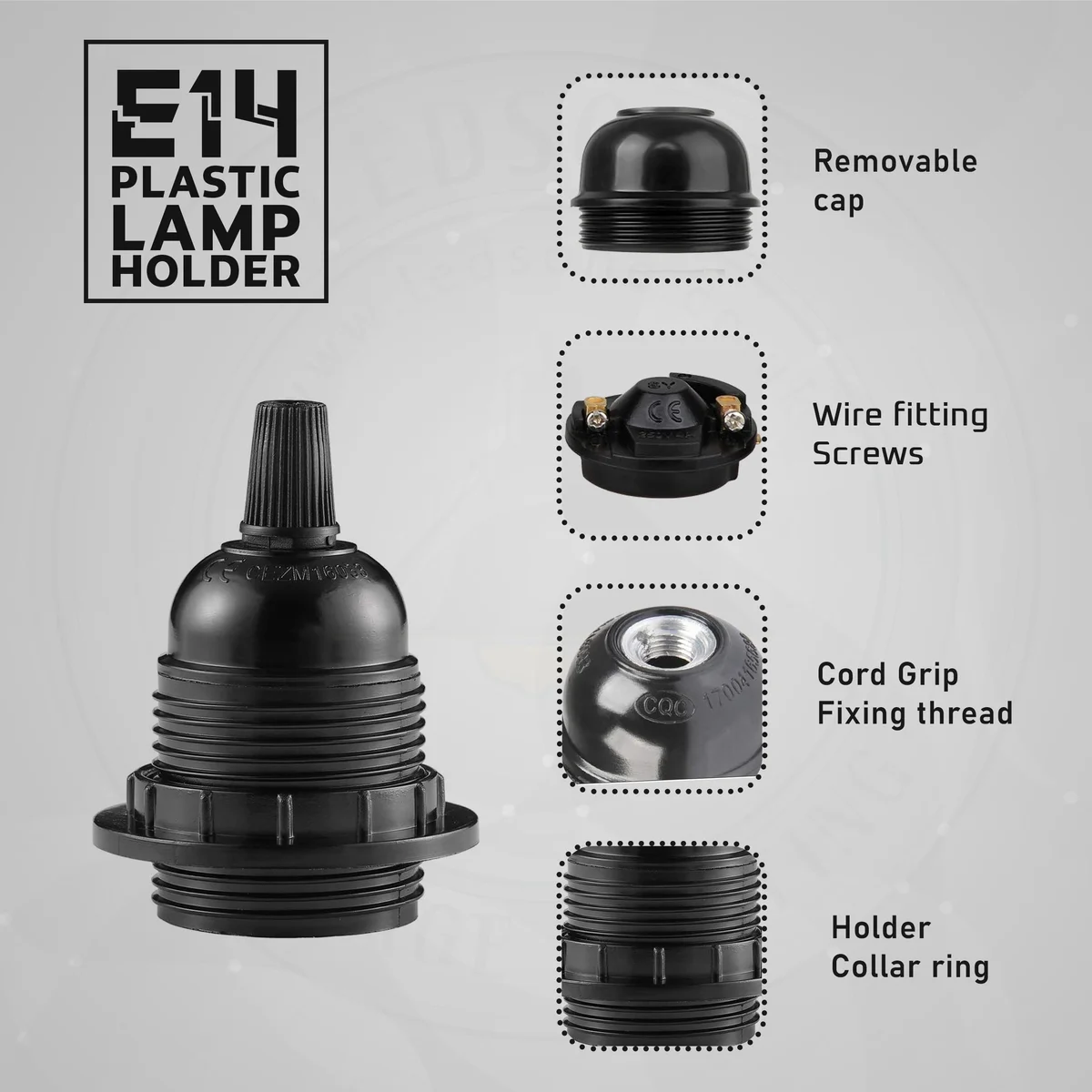 Black Bakelite heat resistant bulb socket with E27 Edison screw base and threaded body without shade ring, metal and plastic parts