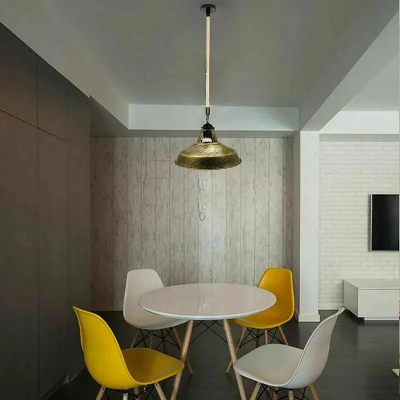 Indoor hanging light with hemp rope and metal shade, designed for warm, dimmable industrial-style lighting indoors