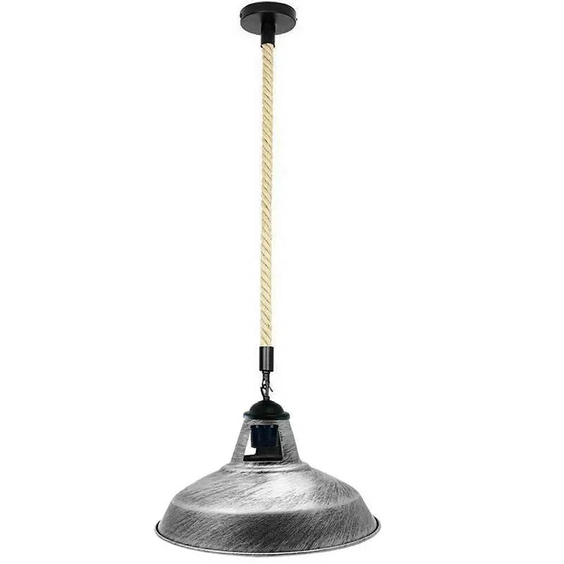 Hemp rope pendant light with metal shade hanging from ceiling, showcasing industrial style and natural rope design