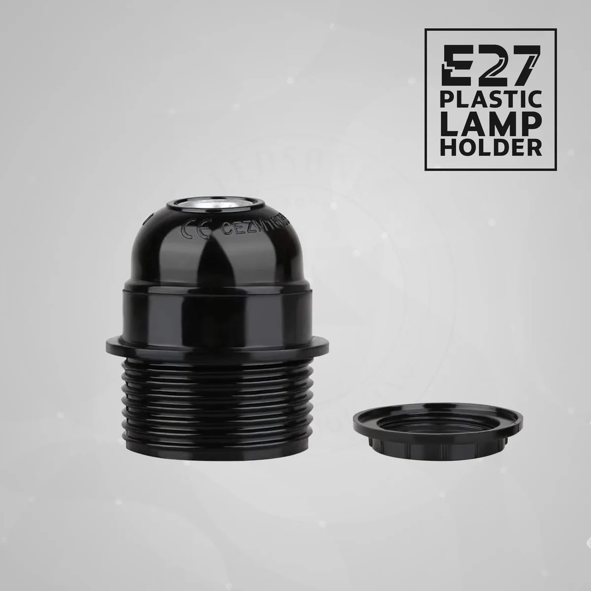 Black vintage lamp holder with E27 Edison screw socket and cord grip, made of metal and heat-resistant plastic