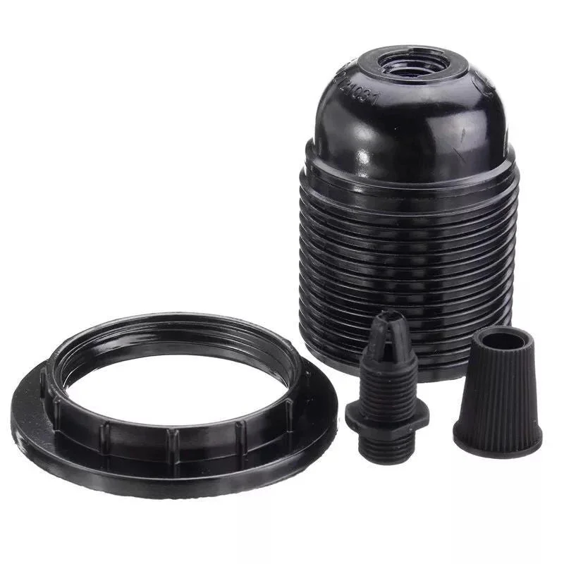 Black E27 indoor light socket holder with Edison screw base and cord grip, made of metal and heat-resistant plastic