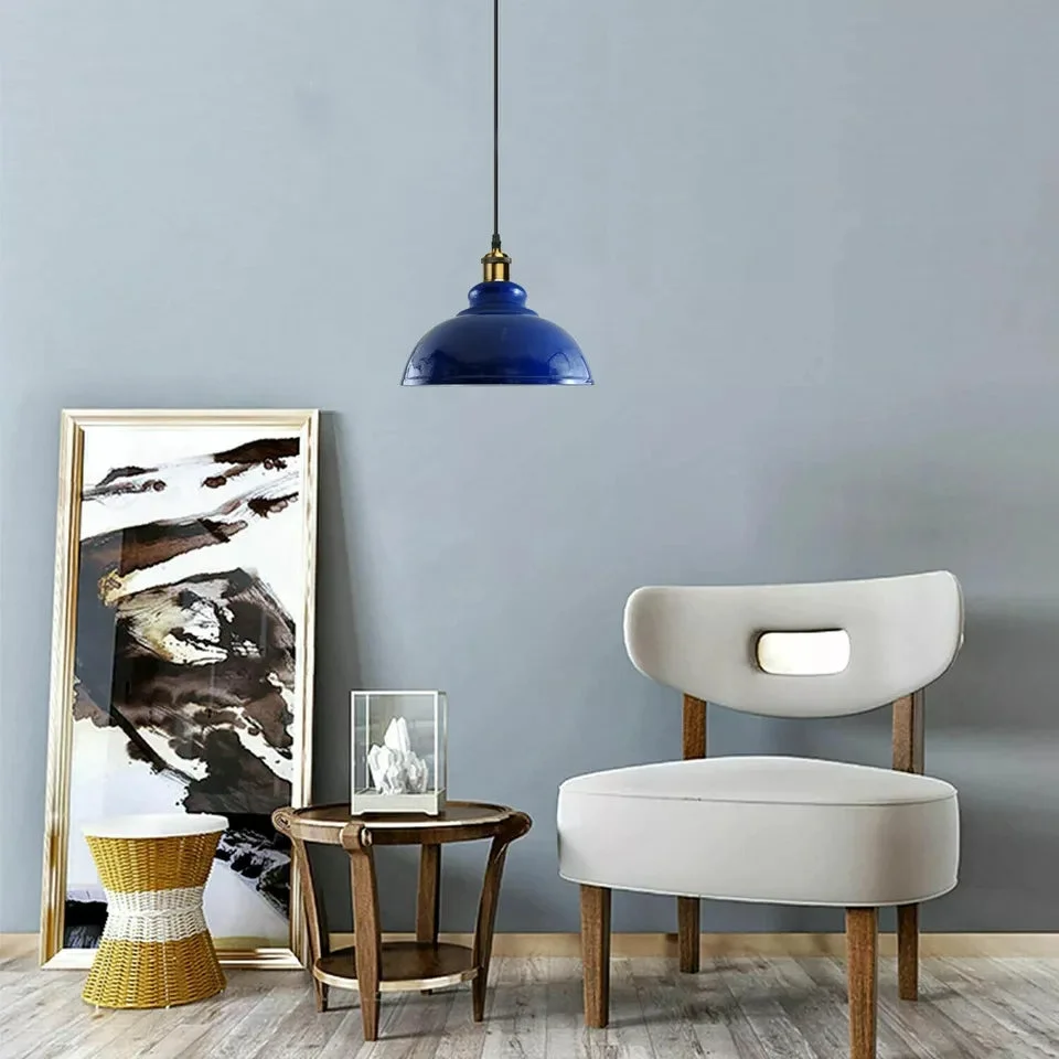 Curvy industrial metal ceiling pendant lampshade in retro style with easy fit design, shown from a side angle