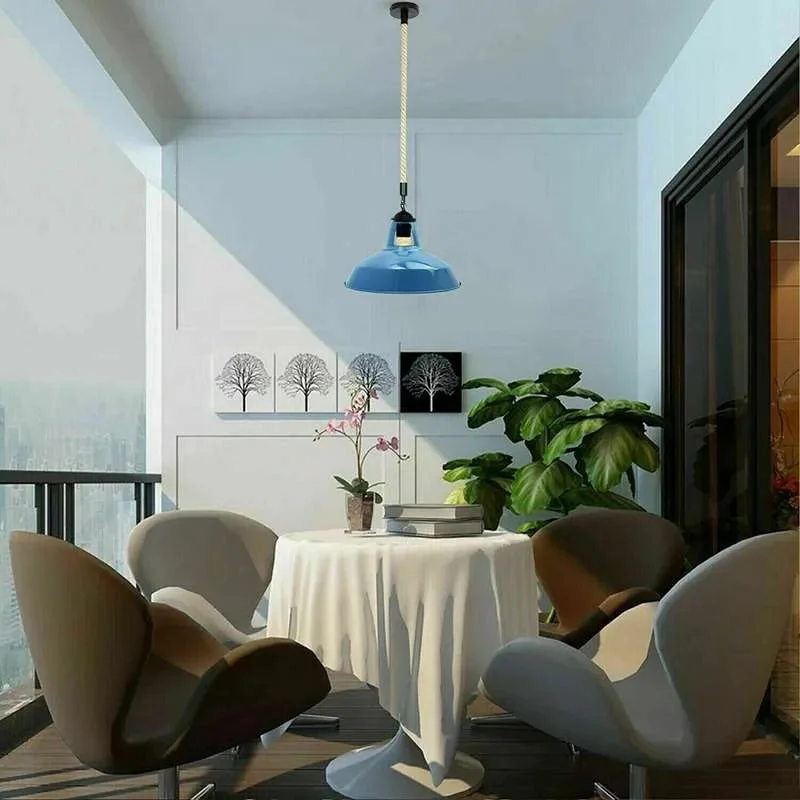 Industrial style hemp rope pendant light with metal shade hanging from ceiling, suitable for indoor use and dimmable bulbs